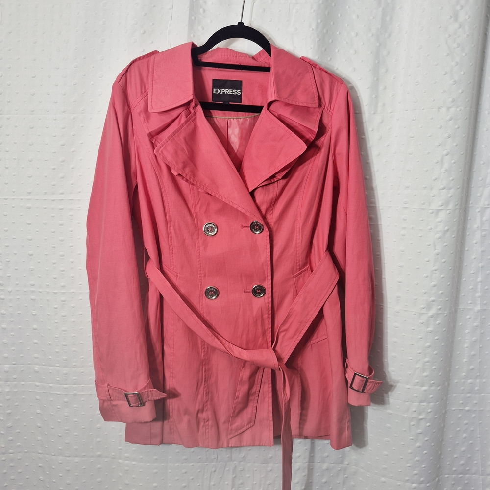 Express Women's Coral Ruffled Lepel Trench Coat Size Med